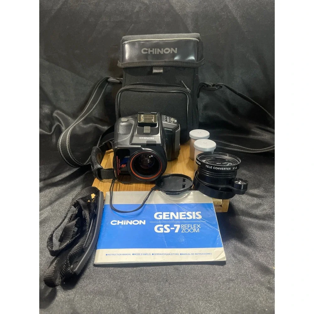Chinon Genesis GS-7 Reflex Zoom 35mm Film Camera Bundle with Tele Case WORKS